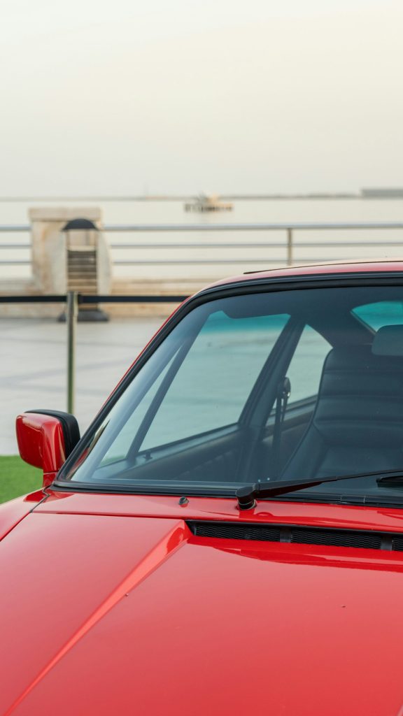 Roter Sportwagen am Wasser geparkt